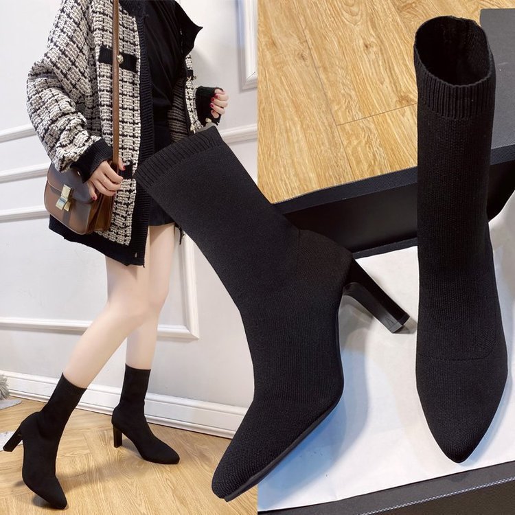 Damen nan gestrickte Sock-Boots mit spitzer Zehenpartie elastischem Schaft und mittelhohem Blockabsatz Echo Archiv
