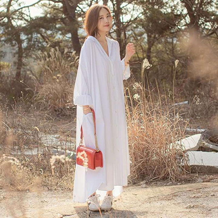 Damen Oversize-Hoodie-Hemdkleid mit verdeckter Knopfleiste, Seitentaschen und leichtem Fall – Auréline
