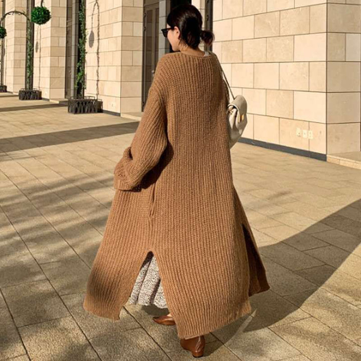 Damen Langer Grobstrick-Cardigan mit Oversize-Passform, Schalkragen und aufgesetzten Taschen – Veloura