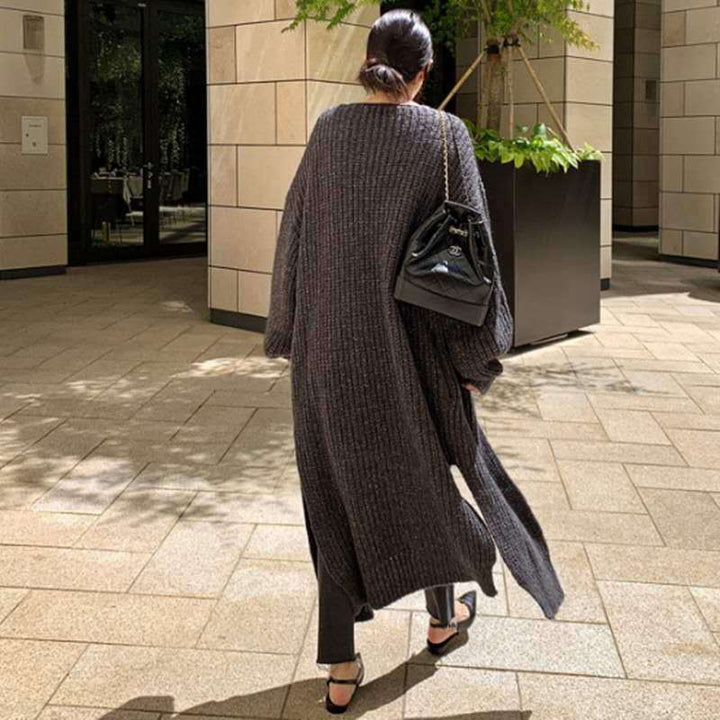 Damen Langer Grobstrick-Cardigan mit Oversize-Passform, Schalkragen und aufgesetzten Taschen – Veloura