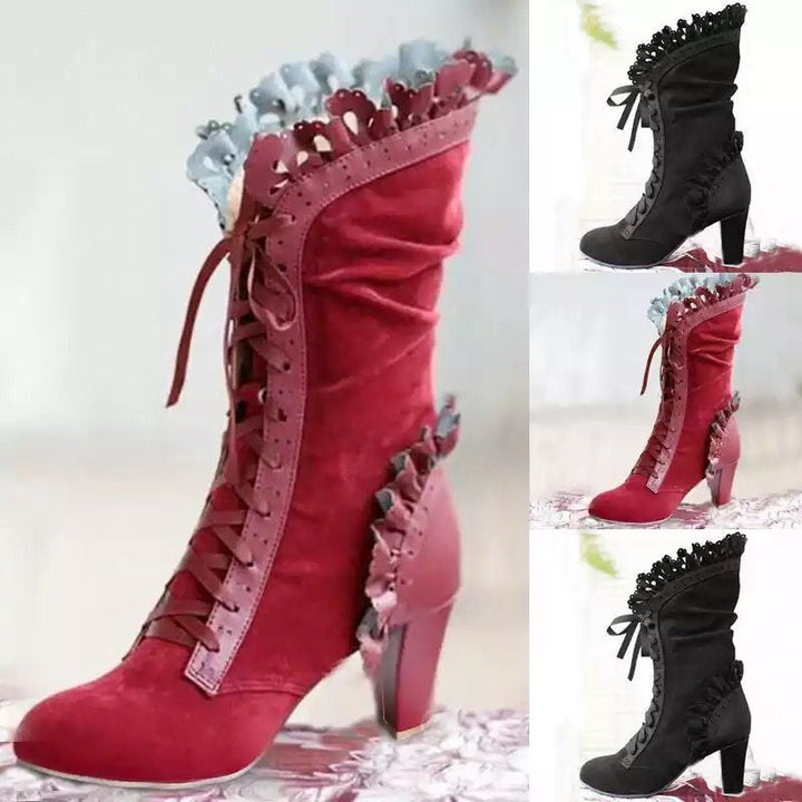 Damen Schnür‑Stiefelette mit Rüschenbesatz und mittelhohem Blockabsatz Echoarchiv
