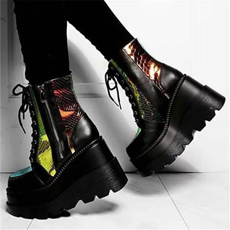Damen nan Plateau-Bikerstiefel mit holografischen Einsätzen, Schnürung und seitlichem Reißverschluss Echo Archiv
