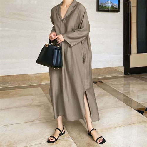 Damen Lockeres Leinen-Maxikleid mit Hemdkragen, V‑Ausschnitt und seitlichen Schlitzen – Valéora