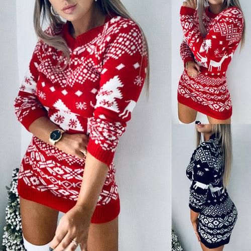 Damen nan figurbetontes Strick-Minikleid mit Norwegermotiv und Rundhalsausschnitt Echo Archiv