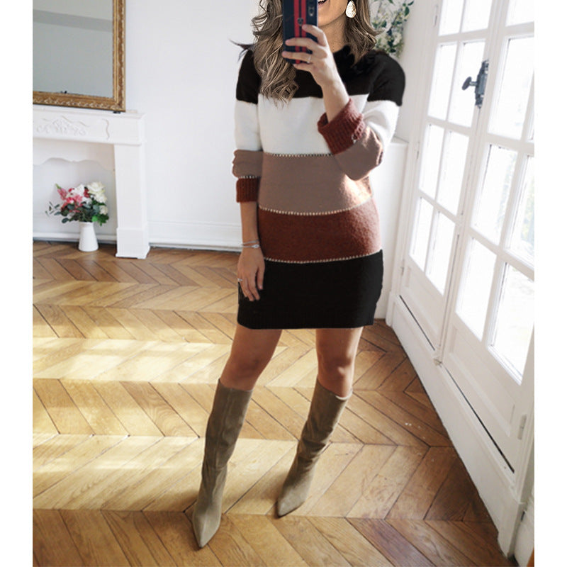 Damen nan gestreiftes Strickkleid mit figurbetonter Passform, geripptem Saum und langen Ärmeln Echo Archiv