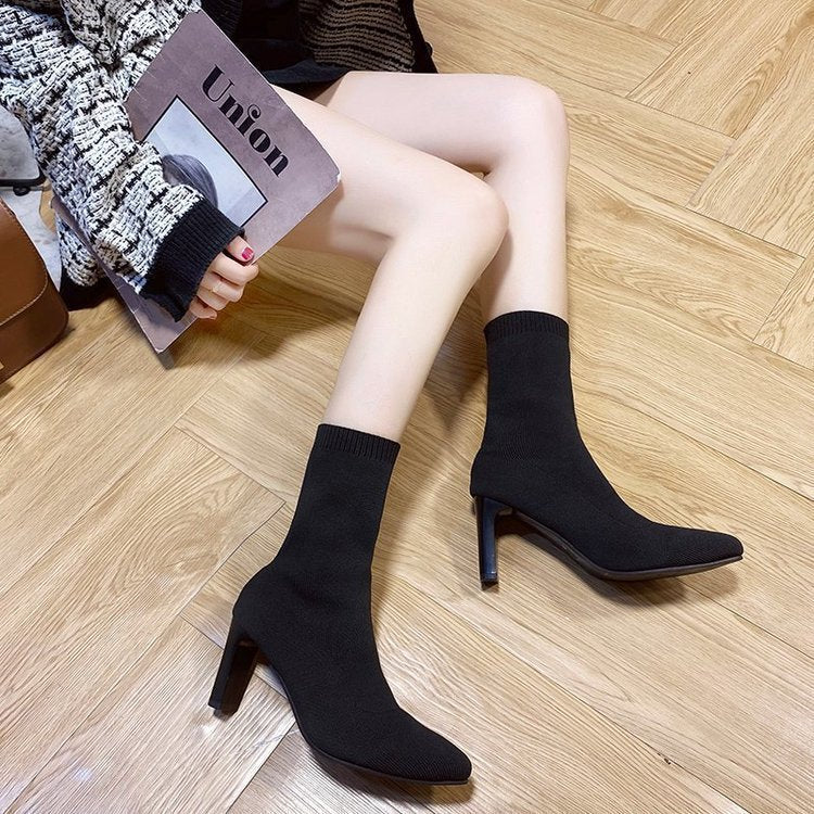 Damen nan gestrickte Sock-Boots mit spitzer Zehenpartie elastischem Schaft und mittelhohem Blockabsatz Echo Archiv