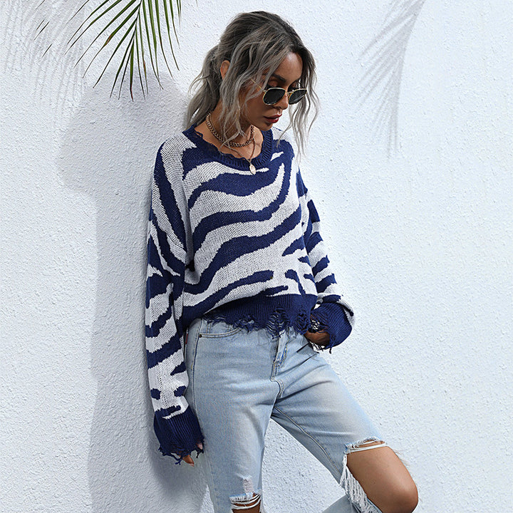 Damen Oversize-Strickpullover mit ZEchoarchivramuster, destroyed Saum & weitem Schnitt Echoarchiv
