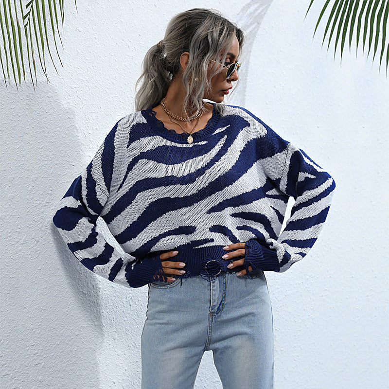 Damen Oversize-Strickpullover mit ZEchoarchivramuster, destroyed Saum & weitem Schnitt Echoarchiv