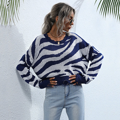 Damen Oversize-Strickpullover mit ZEchoarchivramuster, destroyed Saum & weitem Schnitt Echoarchiv