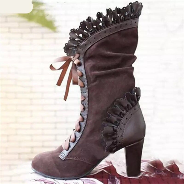 Damen Schnür‑Stiefelette mit Rüschenbesatz und mittelhohem Blockabsatz Echoarchiv