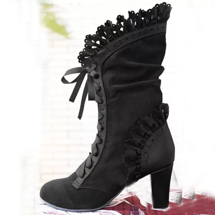 Damen Schnür‑Stiefelette mit Rüschenbesatz und mittelhohem Blockabsatz Echoarchiv