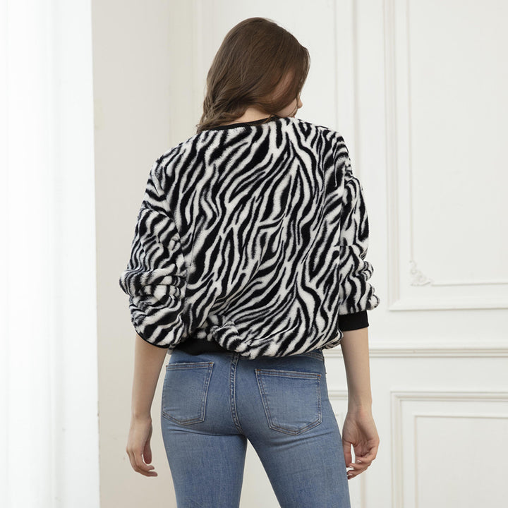 Damen Flauschiger weit geschnittener Pullover mit ZEchoarchivra‑Alloverprint und Rippbündchen Echoarchiv