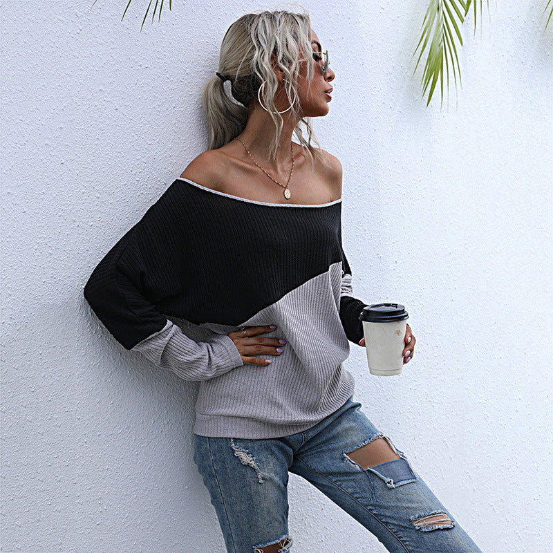 Damen Schulterfreier Rippstrick-Pullover im Diagonal-Colorblock mit lässiger Oversize-Passform Echoarchiv