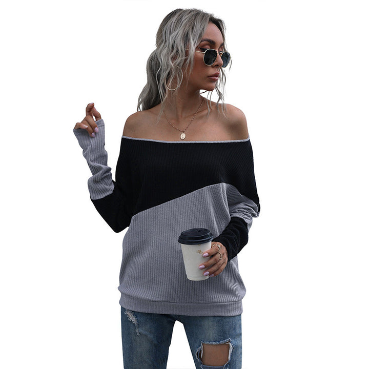 Damen Schulterfreier Rippstrick-Pullover im Diagonal-Colorblock mit lässiger Oversize-Passform Echoarchiv