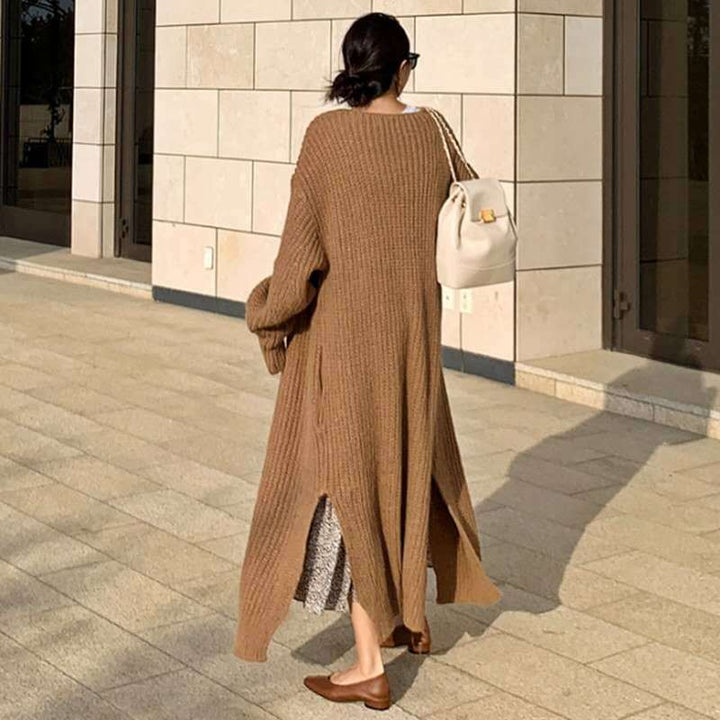 Damen Langer Grobstrick-Cardigan mit Oversize-Passform, Schalkragen und aufgesetzten Taschen – Veloura