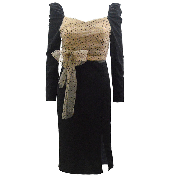 Damen Elegantes Midikleid mit transparentem Punkt-Chiffon-Oberteil, Puffärmeln & Taillenschärpe Echoarchiv