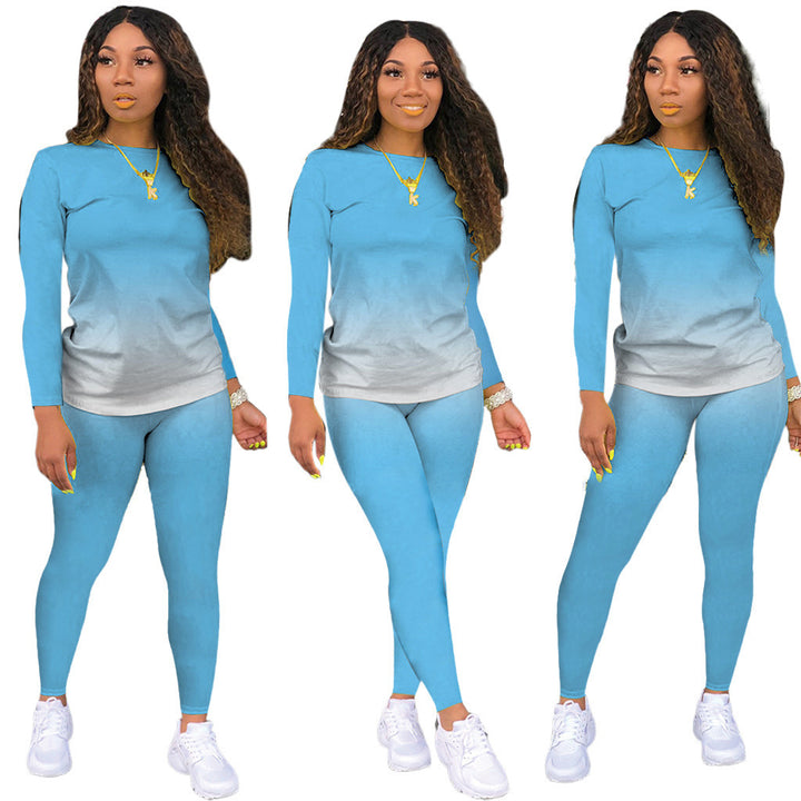Damen Sportliches zweiteiliges Set mit Langarm-Ombre-Shirt und Highwaist-Leggings – Orélia