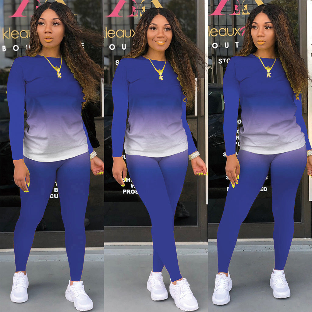 Damen Sportliches zweiteiliges Set mit Langarm-Ombre-Shirt und Highwaist-Leggings – Orélia