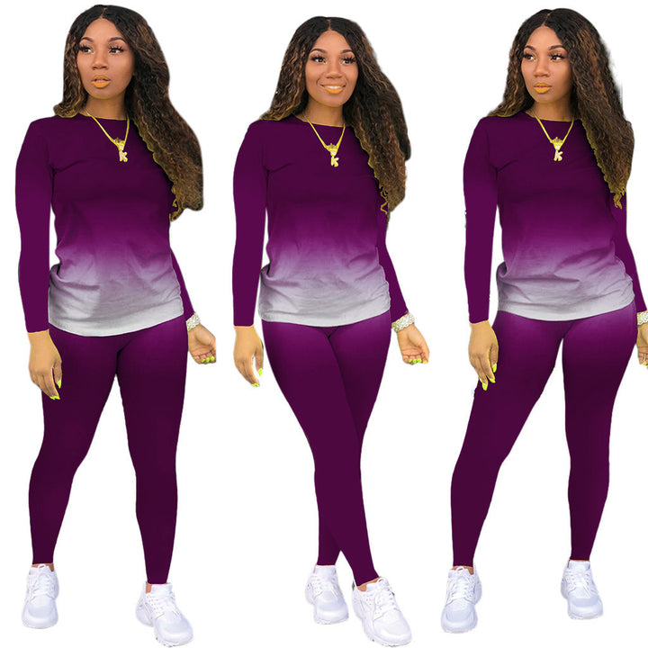 Damen Sportliches zweiteiliges Set mit Langarm-Ombre-Shirt und Highwaist-Leggings – Orélia