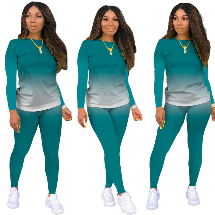 Damen Sportliches zweiteiliges Set mit Langarm-Ombre-Shirt und Highwaist-Leggings – Orélia
