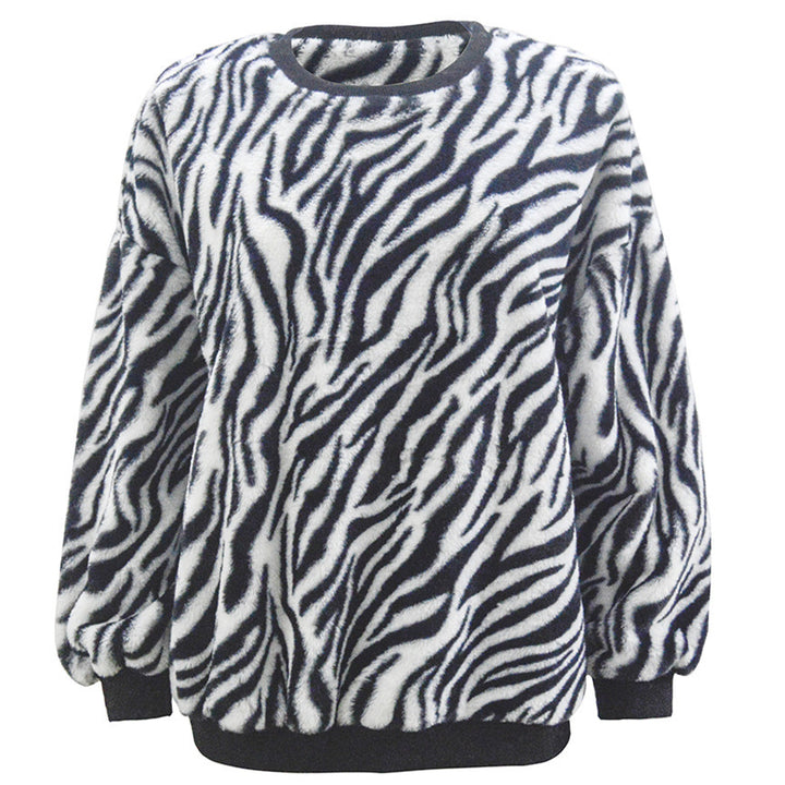 Damen Flauschiger weit geschnittener Pullover mit ZEchoarchivra‑Alloverprint und Rippbündchen Echoarchiv