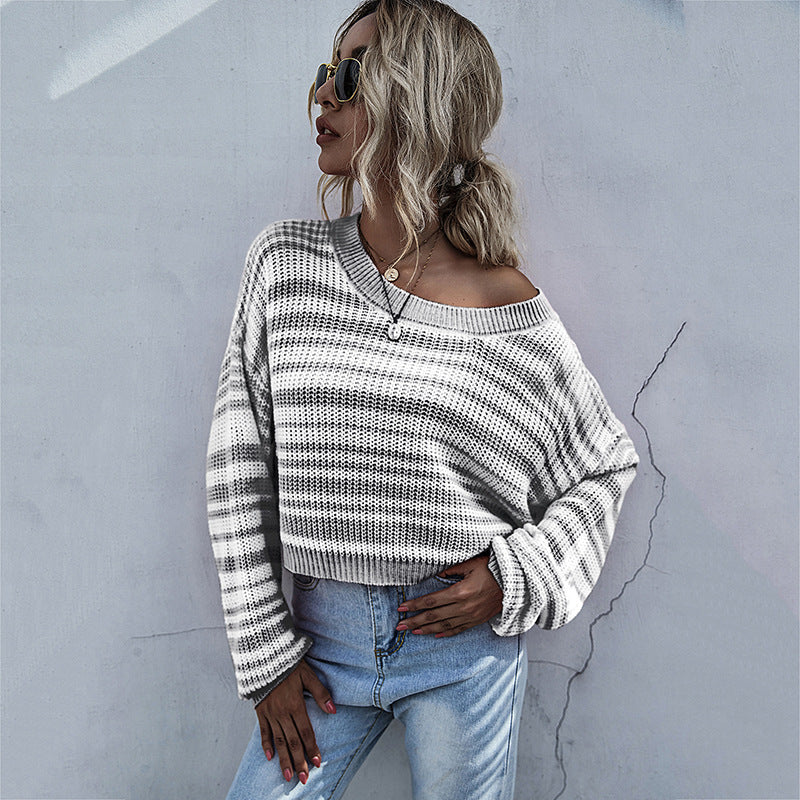 Damen Cropped-Strickpullover mit Off-Shoulder, lockerer Oversize-Passform & Streifenmuster Echoarchiv