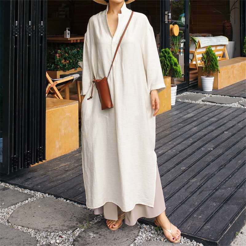 Damen Lockeres Leinen-Maxikleid mit Hemdkragen, V‑Ausschnitt und seitlichen Schlitzen – Valéora