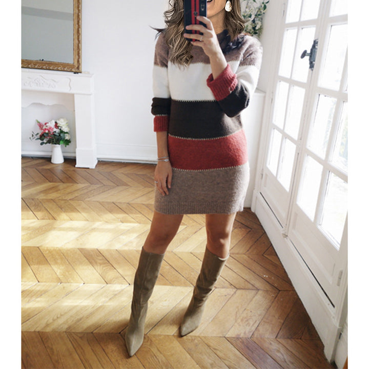 Damen nan gestreiftes Strickkleid mit figurbetonter Passform, geripptem Saum und langen Ärmeln Echo Archiv