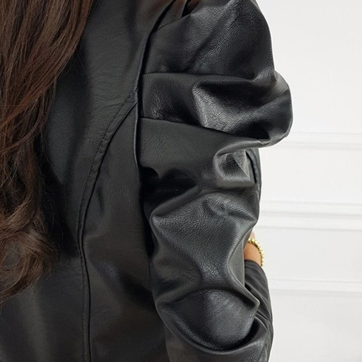 Damen nan taillierte Kurzjacke aus Kunstleder mit Puffärmeln und Reißverschluss Echo Archiv