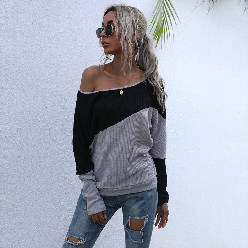 Damen Schulterfreier Rippstrick-Pullover im Diagonal-Colorblock mit lässiger Oversize-Passform Echoarchiv