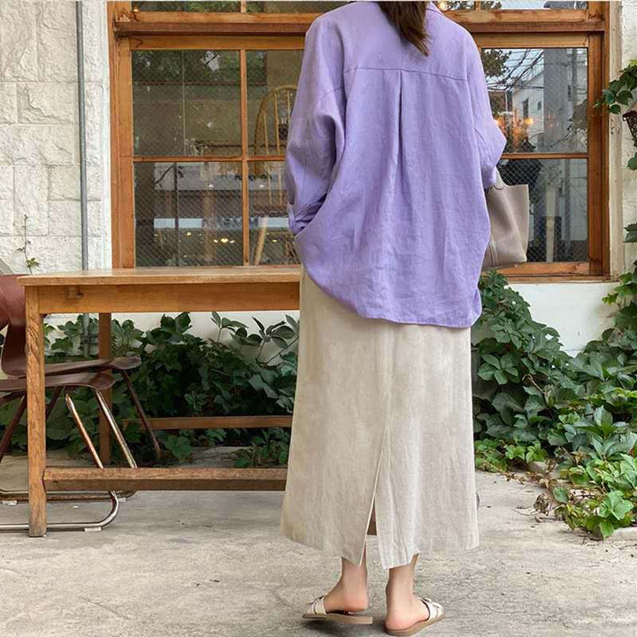 Damen Leichte Oversize-Leinenbluse mit Hemdkragen und abgerundetem Saum Echoarchiv