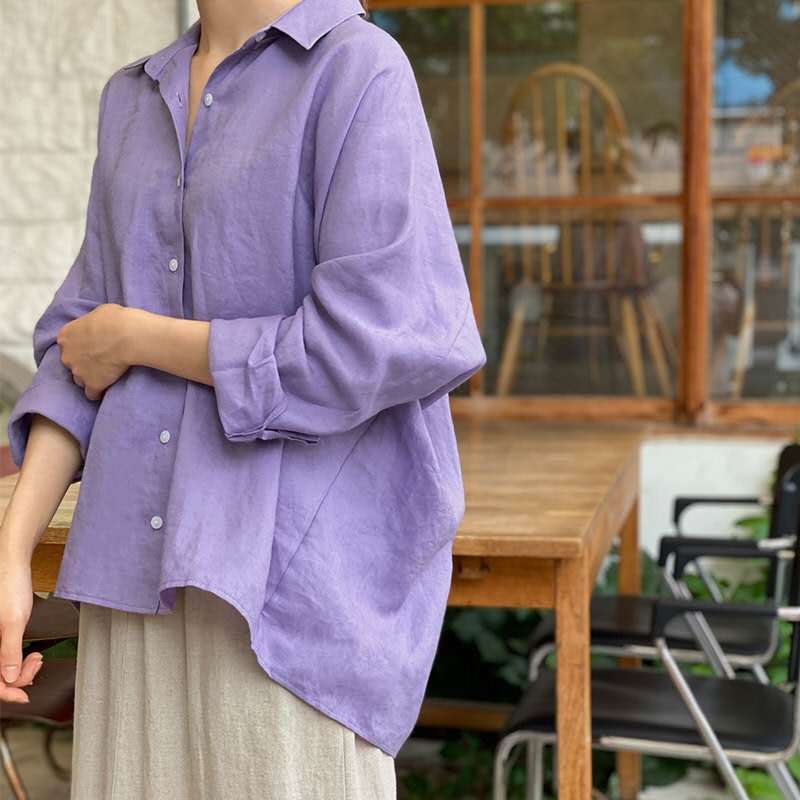 Damen Leichte Oversize-Leinenbluse mit Hemdkragen und abgerundetem Saum Echoarchiv