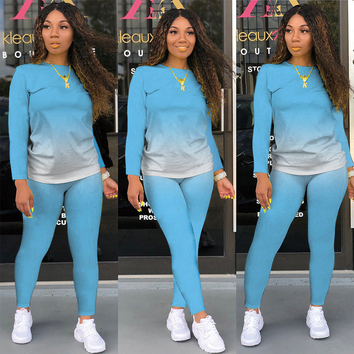 Damen Sportliches zweiteiliges Set mit Langarm-Ombre-Shirt und Highwaist-Leggings – Orélia