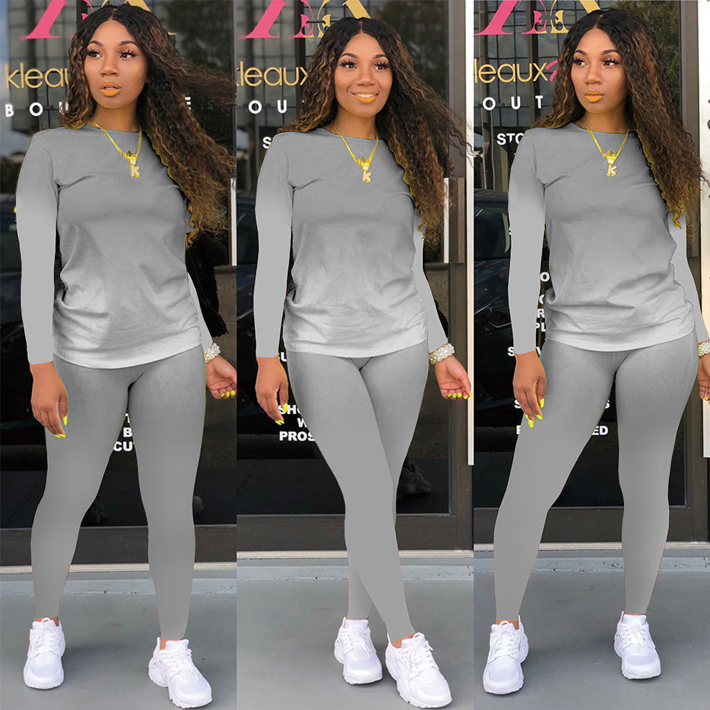 Damen Sportliches zweiteiliges Set mit Langarm-Ombre-Shirt und Highwaist-Leggings – Orélia