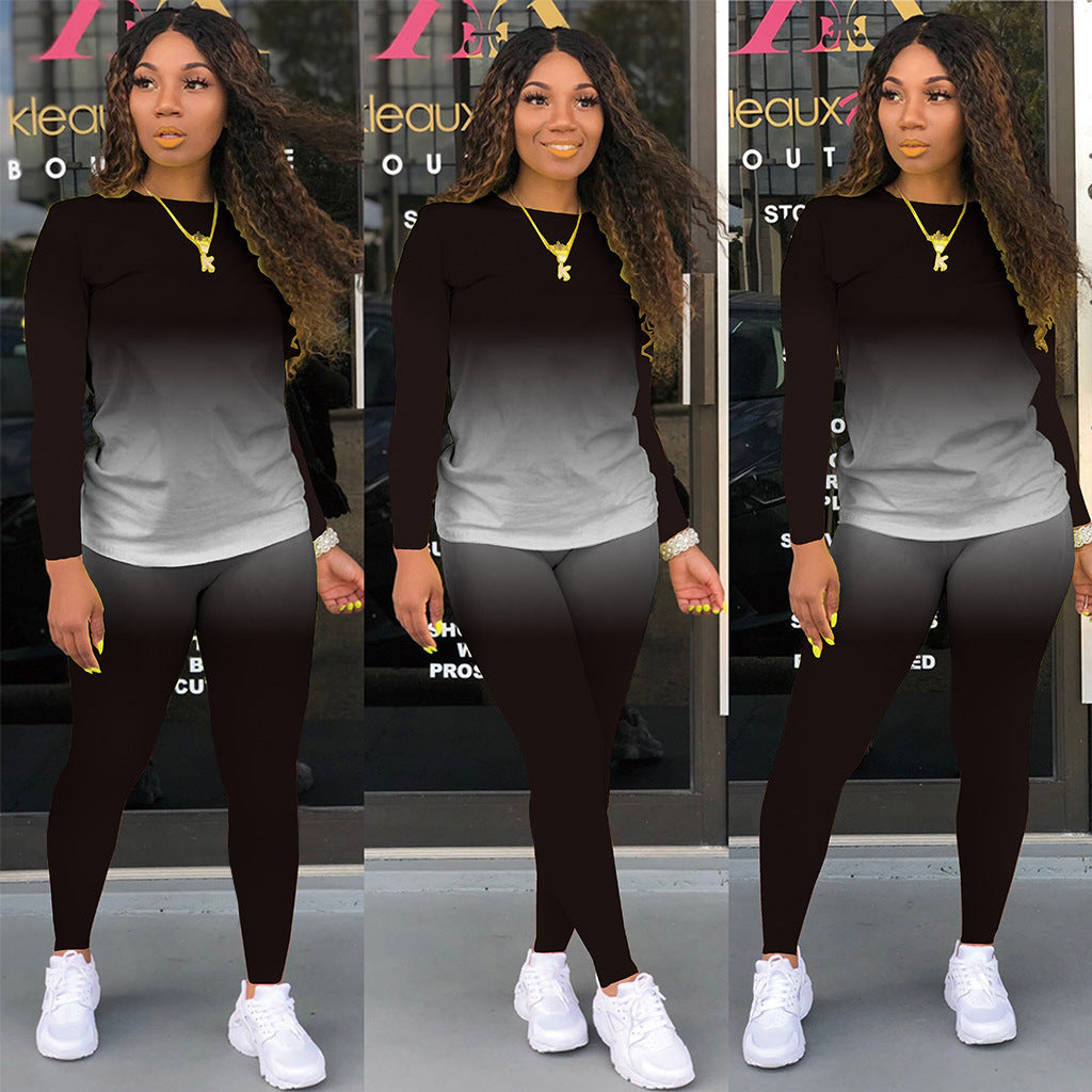 Damen Sportliches zweiteiliges Set mit Langarm-Ombre-Shirt und Highwaist-Leggings – Orélia