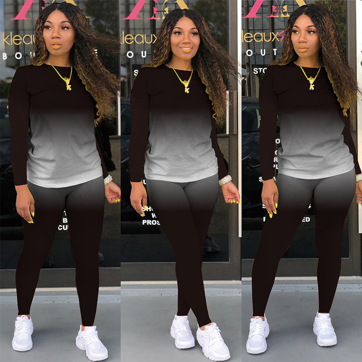 Damen Sportliches zweiteiliges Set mit Langarm-Ombre-Shirt und Highwaist-Leggings – Orélia