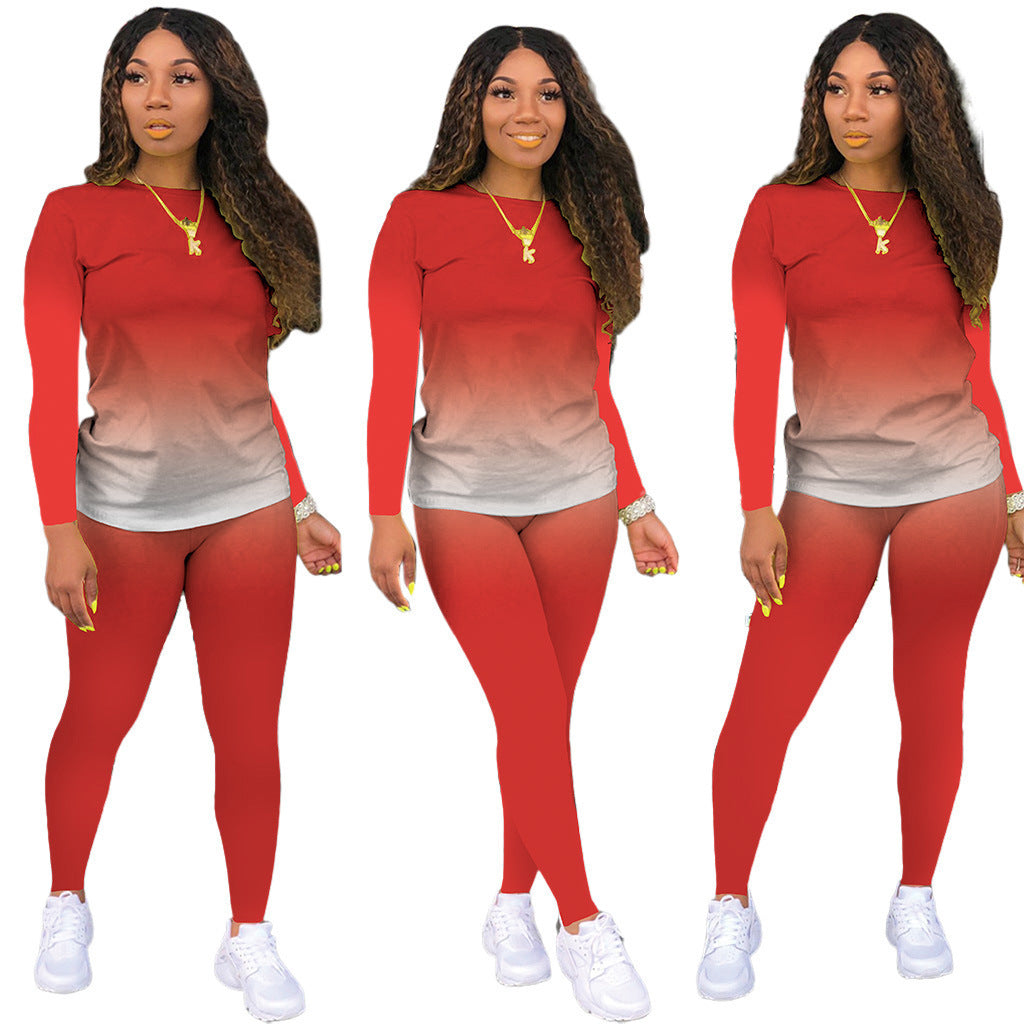 Damen Sportliches zweiteiliges Set mit Langarm-Ombre-Shirt und Highwaist-Leggings – Orélia
