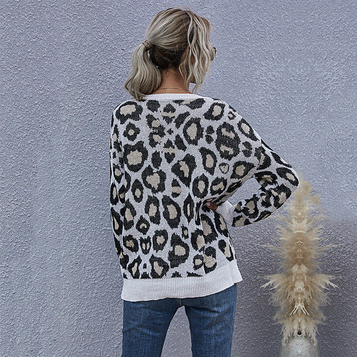 Damen Grobgestrickter V-Neck Pullover mit Oversize‑Silhouette und Statement‑Leoprint Echoarchiv