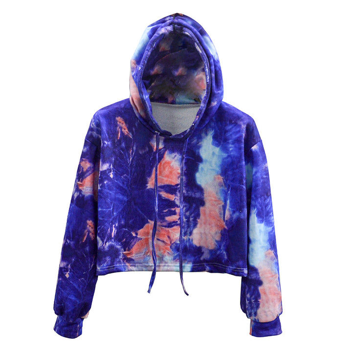 Damen Kurzschnitt‑Kapuzenpullover im Batik‑Look mit Kordelzug und überschnittener Schulter Echoarchiv