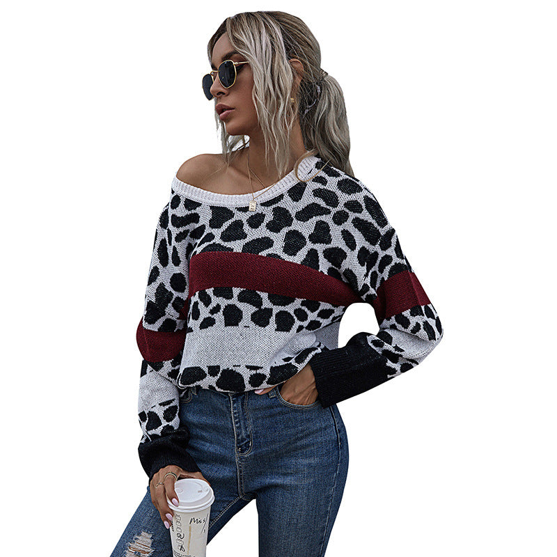 Damen Oversize-Strickpullover mit Leo-Jacquard, Colorblock-Streifen & gerippten Abschlüssen Echoarchiv