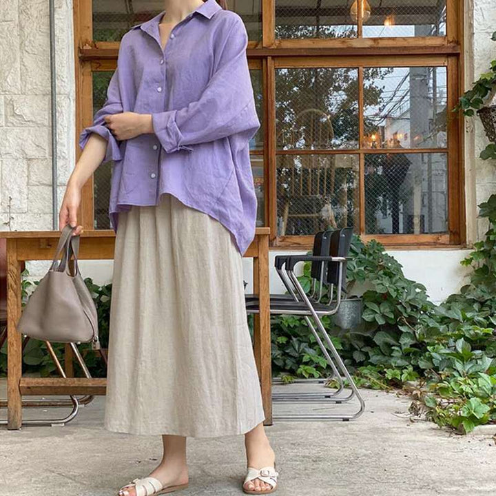 Damen Leichte Oversize-Leinenbluse mit Hemdkragen und abgerundetem Saum Echoarchiv