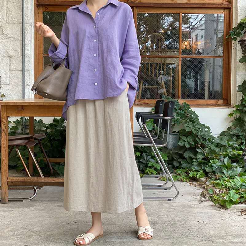 Damen Leichte Oversize-Leinenbluse mit Hemdkragen und abgerundetem Saum Echoarchiv