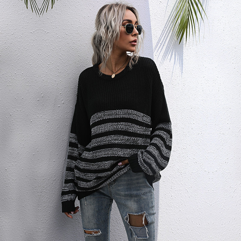 Damen Oversize-Feinstrickpullover mit Rundhalsausschnitt und gestreiftem Struktur‑Muster Echoarchiv