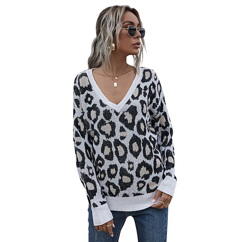 Damen Grobgestrickter V-Neck Pullover mit Oversize‑Silhouette und Statement‑Leoprint Echoarchiv
