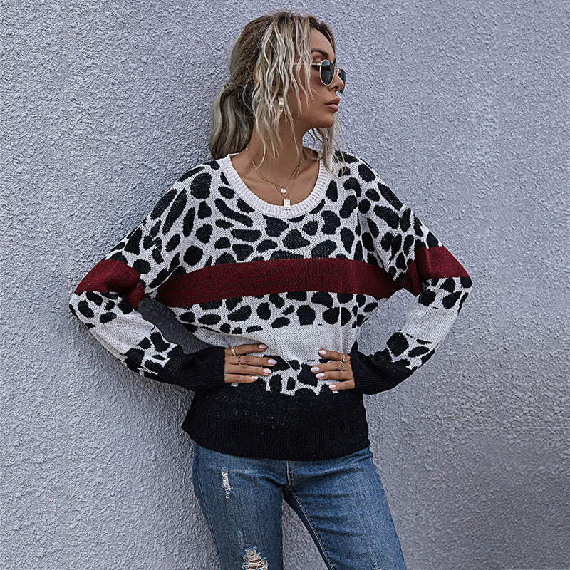 Damen Oversize-Strickpullover mit Leo-Jacquard, Colorblock-Streifen & gerippten Abschlüssen Echoarchiv