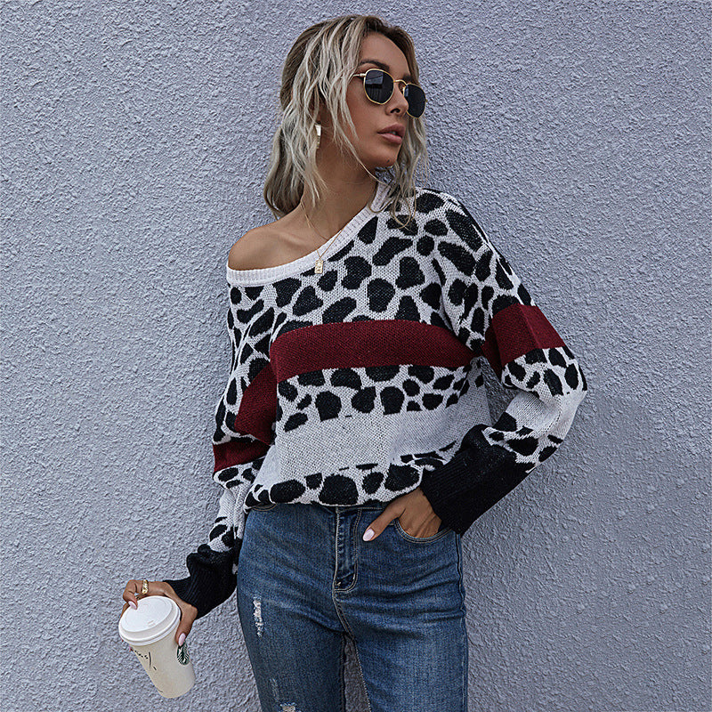 Damen Oversize-Strickpullover mit Leo-Jacquard, Colorblock-Streifen & gerippten Abschlüssen Echoarchiv
