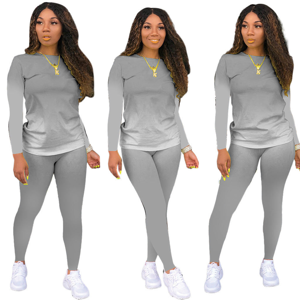 Damen Sportliches zweiteiliges Set mit Langarm-Ombre-Shirt und Highwaist-Leggings – Orélia