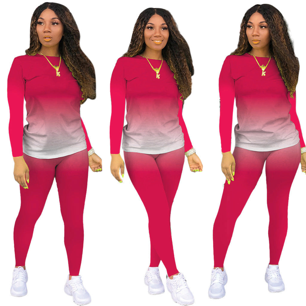 Damen Sportliches zweiteiliges Set mit Langarm-Ombre-Shirt und Highwaist-Leggings – Orélia