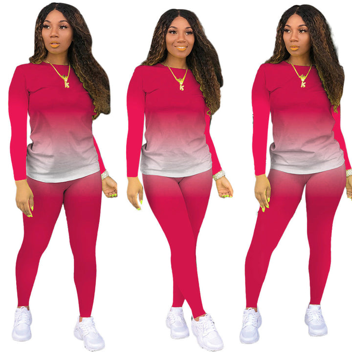 Damen Sportliches zweiteiliges Set mit Langarm-Ombre-Shirt und Highwaist-Leggings – Orélia