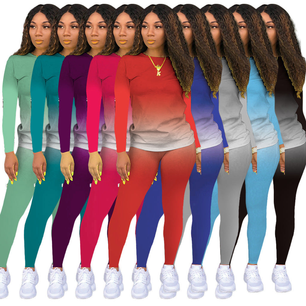 Damen Sportliches zweiteiliges Set mit Langarm-Ombre-Shirt und Highwaist-Leggings – Orélia
